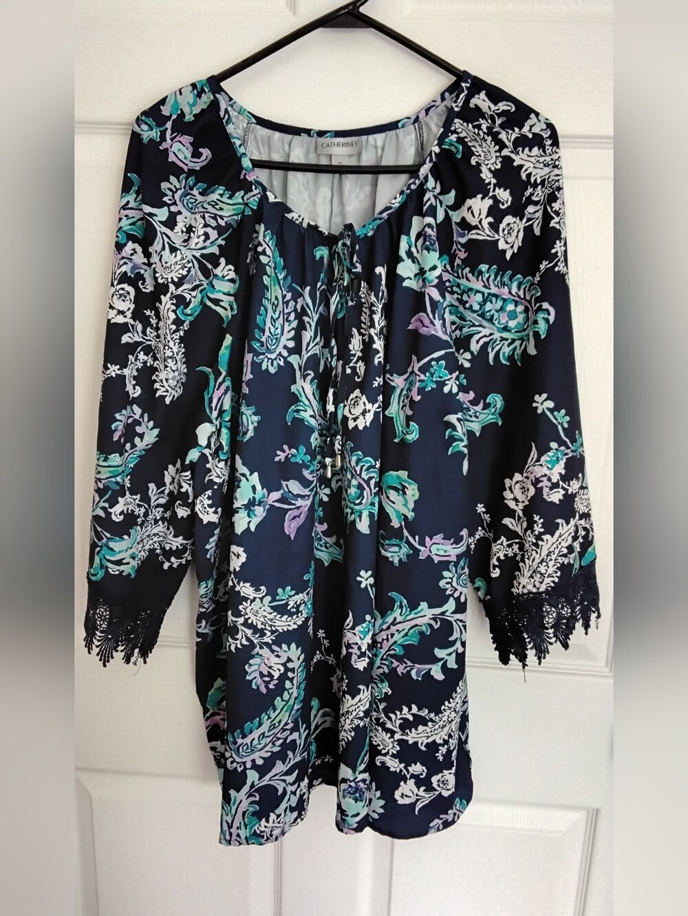 Catherines Navy Floral Tie-Neck Blouse with Lace Cuffs